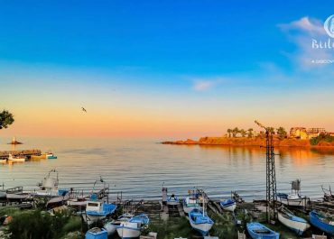 Boats docked at water's edge, creating a picturesque scene.