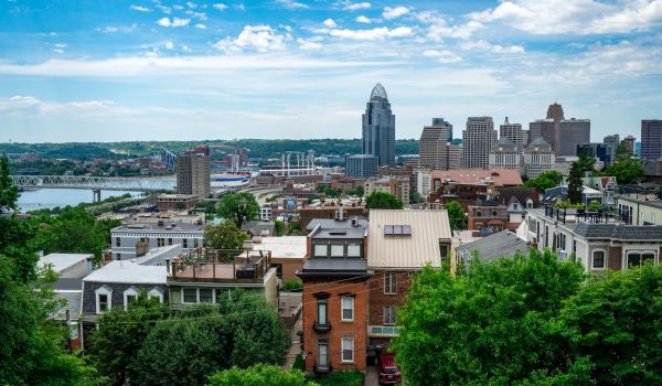 Aeriel view of buildings and trees in the downtown Cincinnati, Ohio area