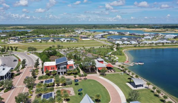 Aerial view of Babcock Ranch Florida, with solar panels on roofs of buildings