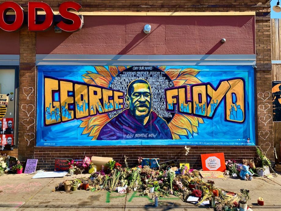 George Floyd Memorial Artwork on the side of a brick building