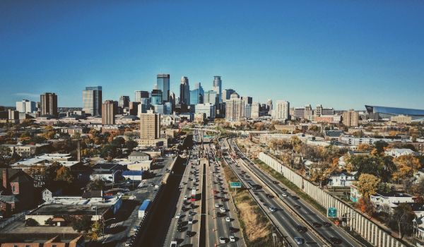 Aerial view of Minneapolis: highway, buildings and skyscrapers can be seen