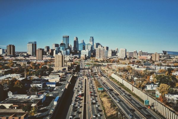 Aerial view of Minneapolis: highway, buildings and skyscrapers can be seen