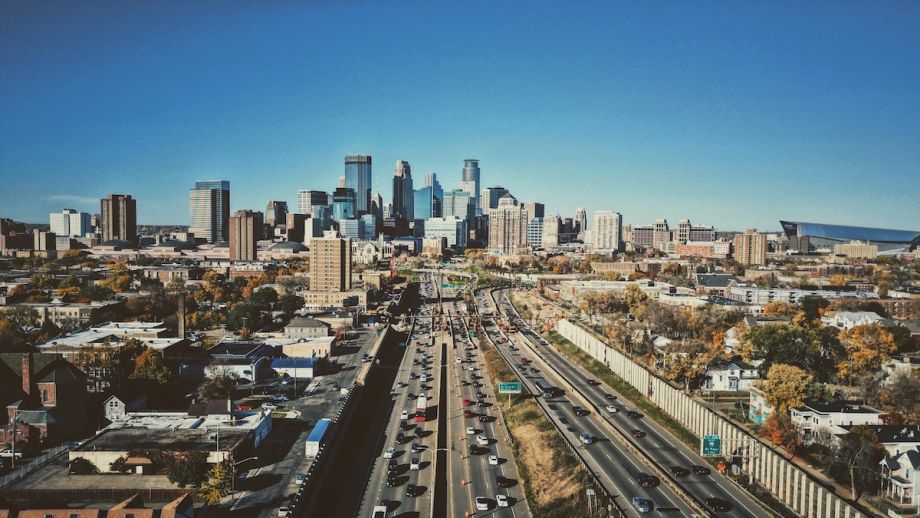 Aerial view of Minneapolis: highway, buildings and skyscrapers can be seen