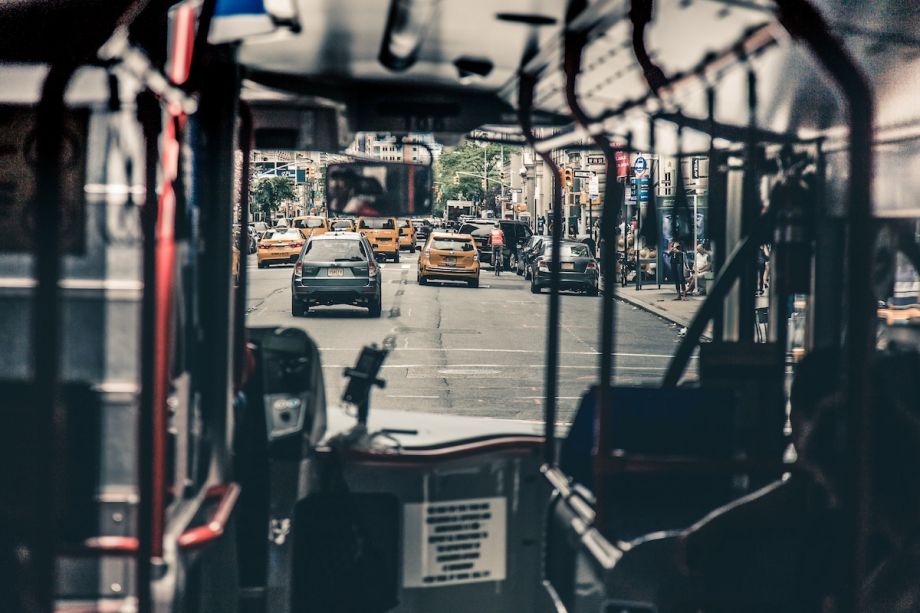 A view of traffic in New York City from inside a bus