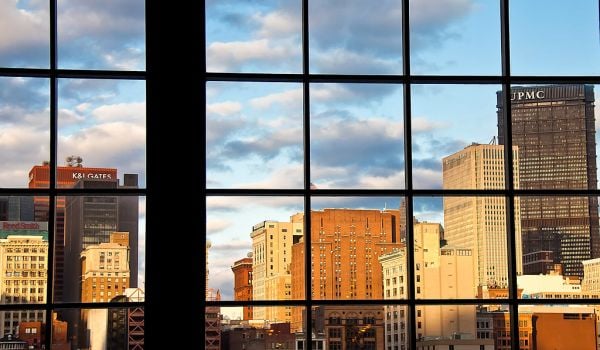 Downtown Pittsburgh skyscrapers seen through windows