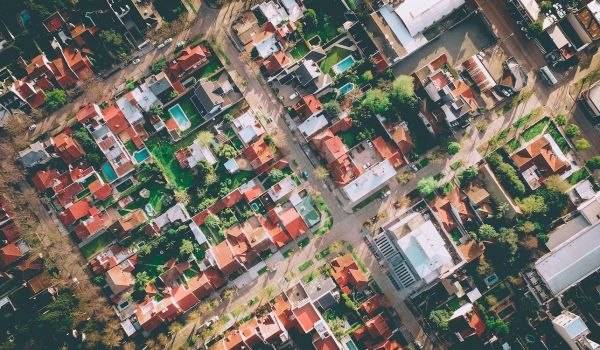 drone shot of city trees